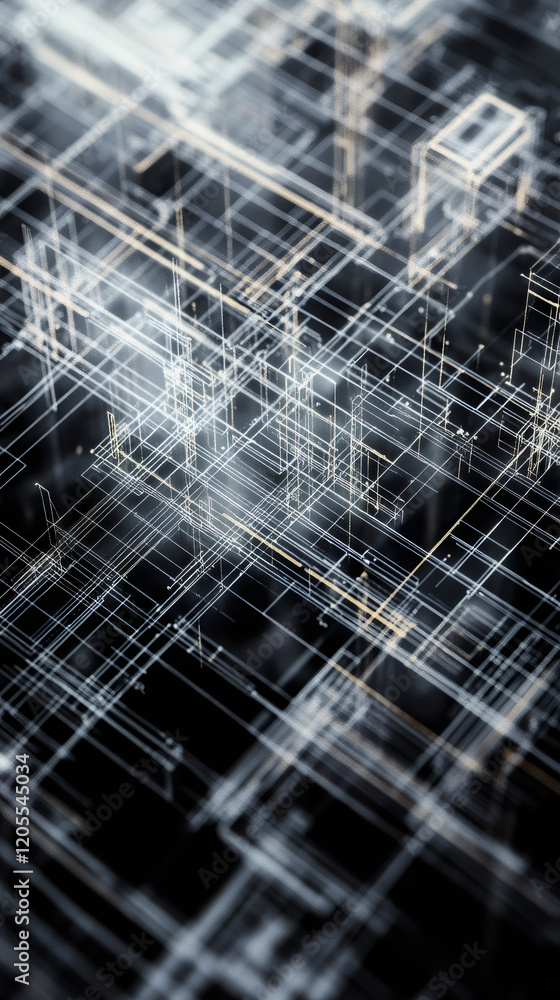 Poster intricate network of lines intersecting and forming a complex grid, suggesting a futuristic technolo