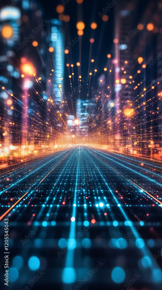 Aufkleber Digital data streaming over illuminated urban highway, high-rise skyline reflecting technological connectivity and data transmission
