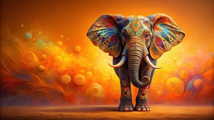 A Majestic Ornate Elephant Stands Proudly Against a Vibrant, Swirling Sunset Backdrop
