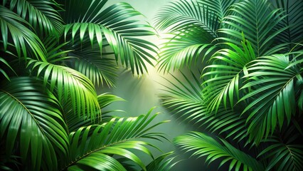 Lush Greenery Vibrant Tropical Palm Fronds Arranged Against a Soft Green Background, Evoking a Sense of Serenity and Natural Beauty