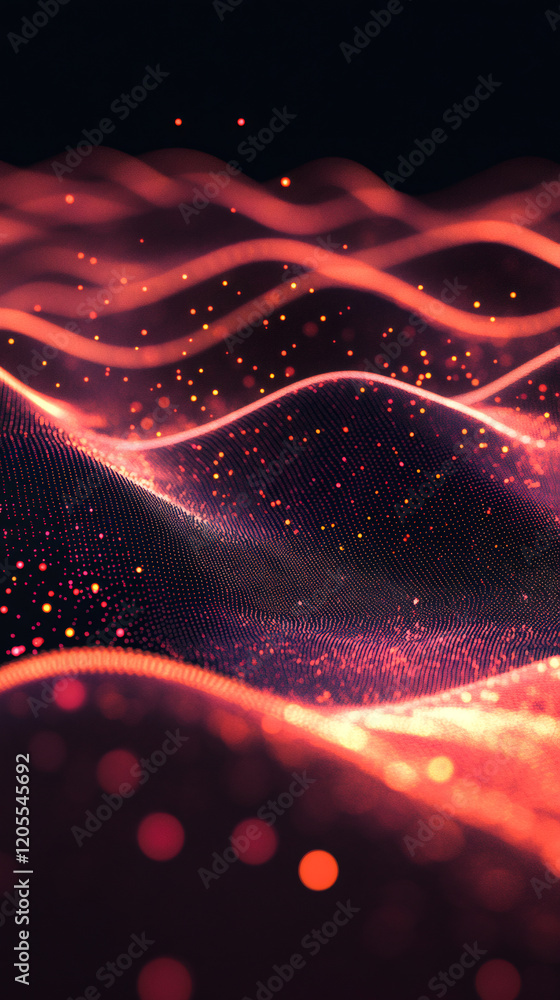Poster glowing red particles streaming, creating luminous digital landscape pulsing with dynamic energy and
