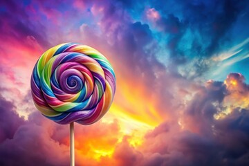 A vibrant rainbow swirl lollipop stands tall against a breathtaking sunset sky, a whimsical scene of color and sweetness.