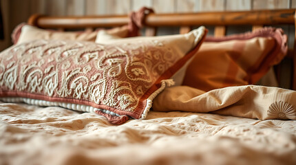 Close-up of a beautifully embroidered pillow on a cozy bed. The image evokes a sense of comfort and relaxation, perfect for home decor and interior design inspiration.