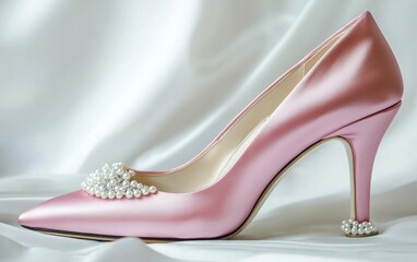 Elegant pink satin heels with pearl embellishments on a crisp white background