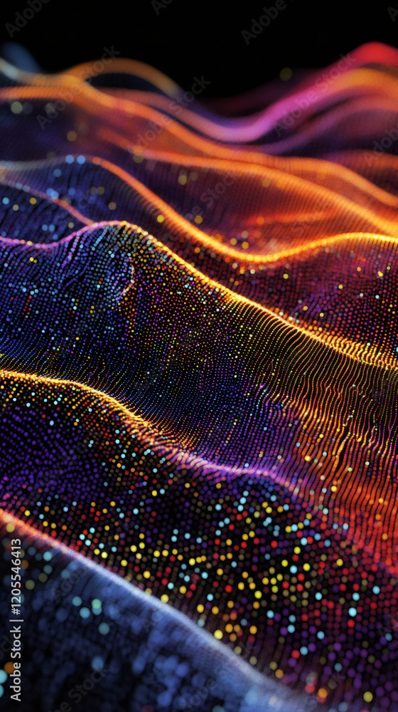 Fototapete Abstract colorful particle wave flowing on black background representing data transmission or big data visualization