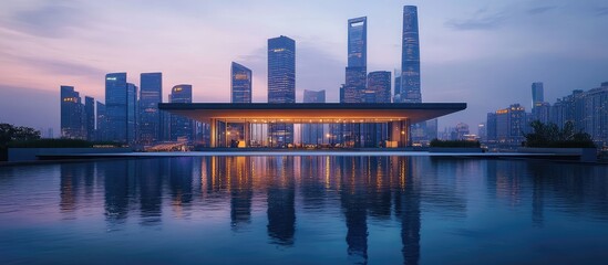 Modern Pavilion Reflecting Shanghai Skyline at Dusk