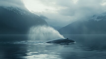 Obraz premium Majestic Whale Breaching in Misty Coastal Waters with Mountains