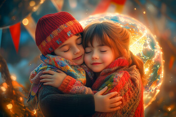 a boy and girl hugging each other with a globe in their hands and a boke of lights in the background