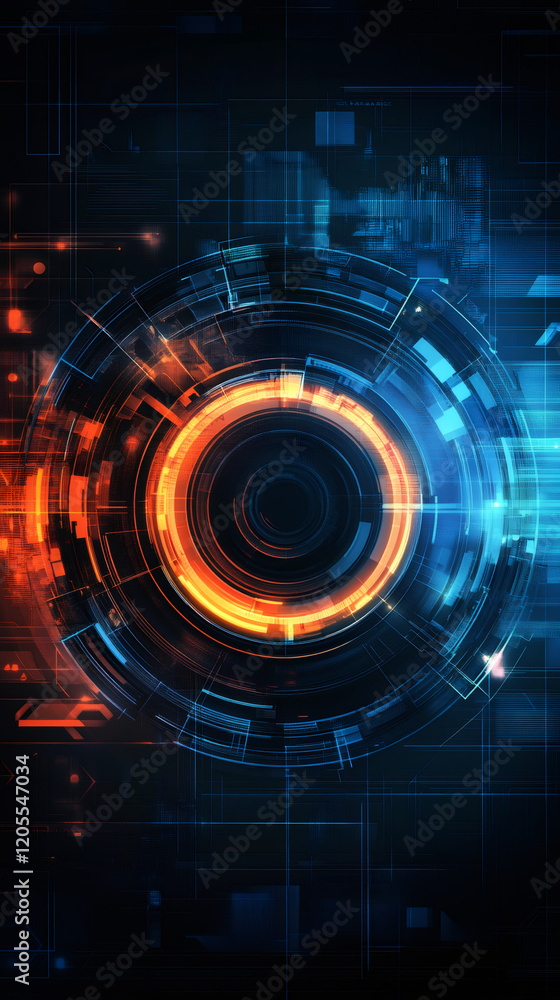 Leinwandbilder glowing orange-blue holographic interface processing digital data within futuristic technological cy