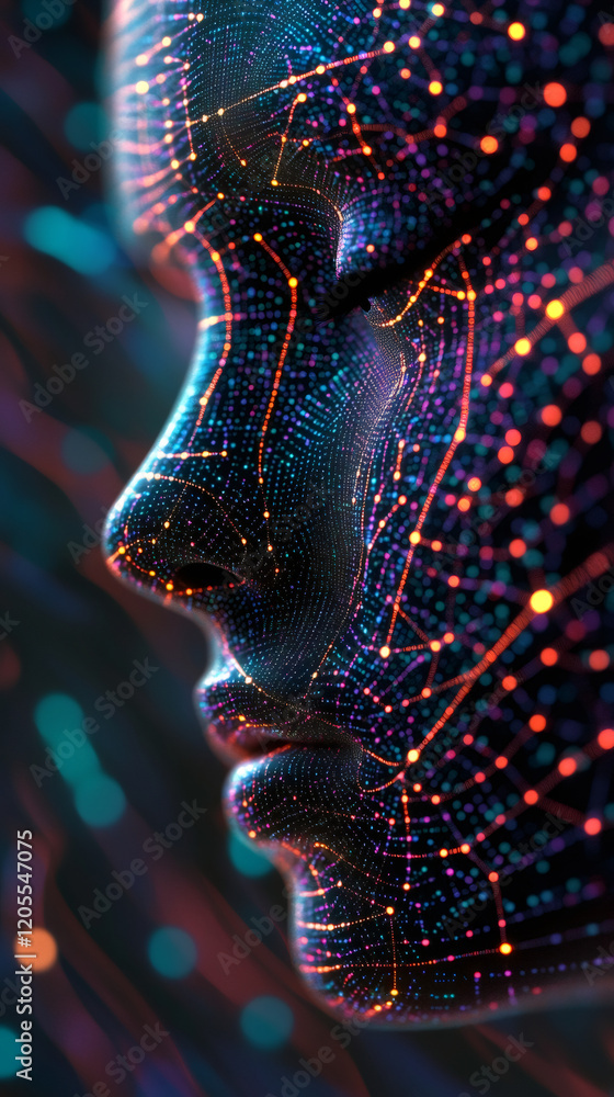 Leinwandbilder Digital face emerging from glowing interconnected dots, symbolizing artificial intelligence, machine learning, and neural network technology