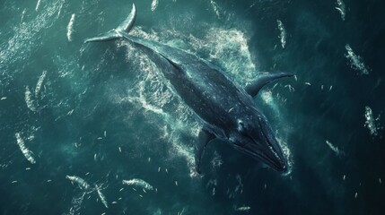 Fototapeta premium Majestic Blue Whale Swimming in Ocean Surrounded by Small Fish