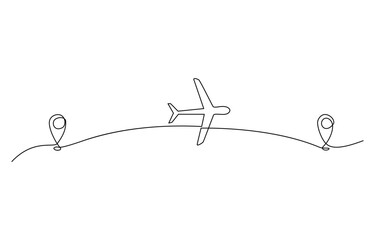 Continious Line Travel Concept Vector Illustration, Continuous line drawing of airplane, destination line path of airplane flight route with starting point location, Path with location pins.