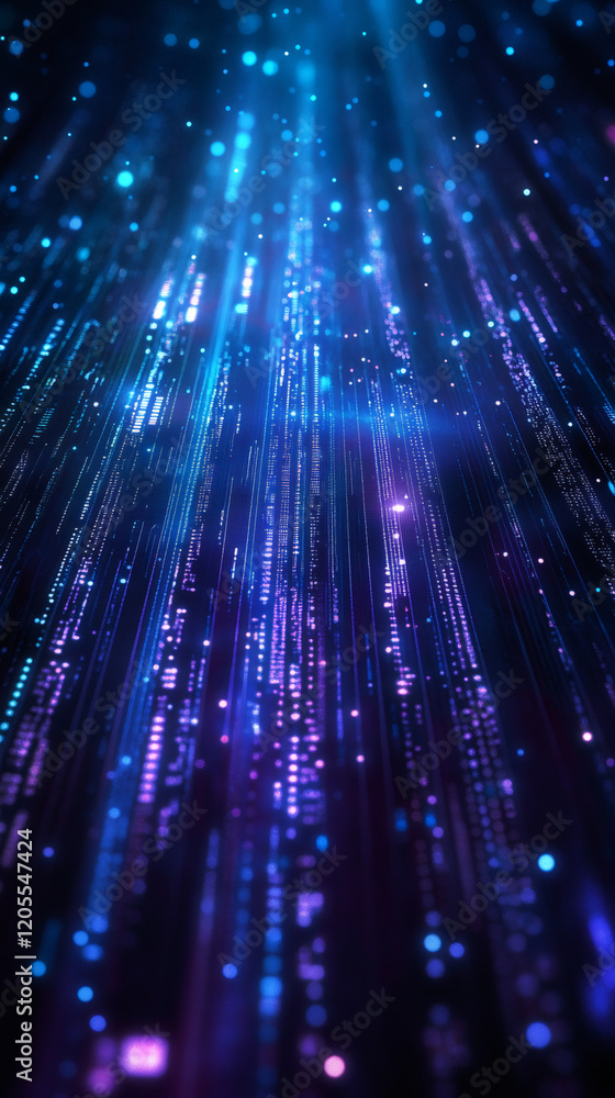 Poster purple and blue binary code rain falling with bokeh effect in digital space creating a futuristic te