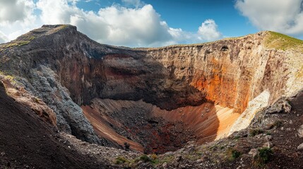 Naklejka premium Dramatic aerial view of a large volcanic crater with layered rock formations and cloudy blue sky