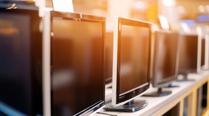 Workers assembling and inspecting large flat-screen TVs on a high-tech manufacturing line. Precision and teamwork in the production of advanced electronic devices.