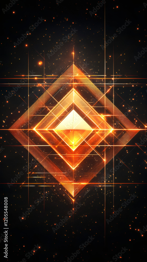 Poster orange rhombus formed by lines of light and radiating energy into dark space with particles