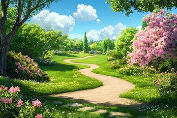Fototapeta premium Tranquil Park Scene with Lush Lawns Winding Path