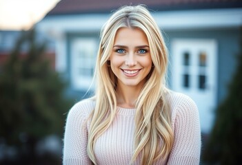 Fototapeta premium Portrait of a happy Nordic blond woman in a casual outdoor setting