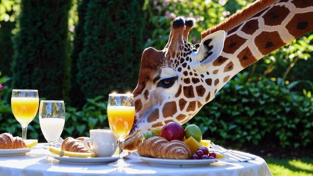Giraffe indulges in a delicious breakfast spread of croissants, fresh fruit, juice, and coffee, set on a pristine white tablecloth amidst a vibrant green garden
