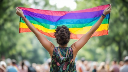 A person holding up the rainbow flag at a pride event, with people in the blurred background celebrating and showing support for their boundless affection - Generative AI