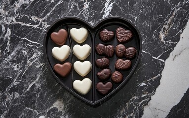 Open chocolate heart box with a mix of dark, milk, and white chocolates, elegantly arranged for a festive Valentines Day and Womens Day atmosphere