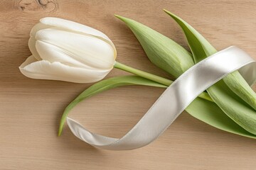 Single White Tulip Tied With Silver Awareness Ribbon Against Rustic Wood Backdrop