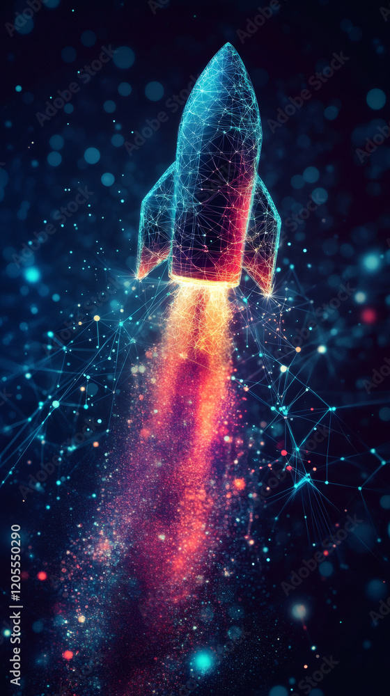 Aufkleber rocket launching through digital network connections, representing technological innovation and entr