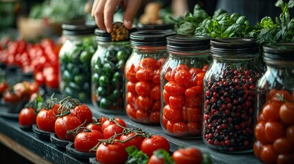 Obraz premium Jars filled with fresh vegetables in a market
