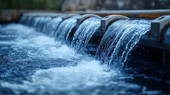 Clean water cascading through a water treatment plant. Shows pipes and the flow of purified water. Green Energy micro hydropower turbine with water energy