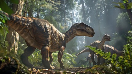 Fototapeta premium Two dinosaurs walk through a lush jungle.