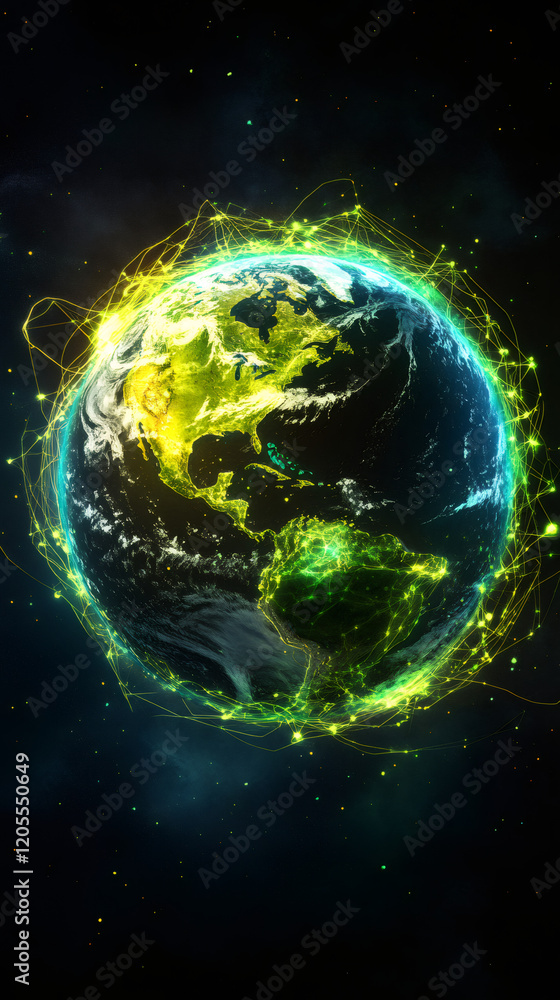 Poster earth with illuminated lines surrounding it, symbolizing global connectivity and networks