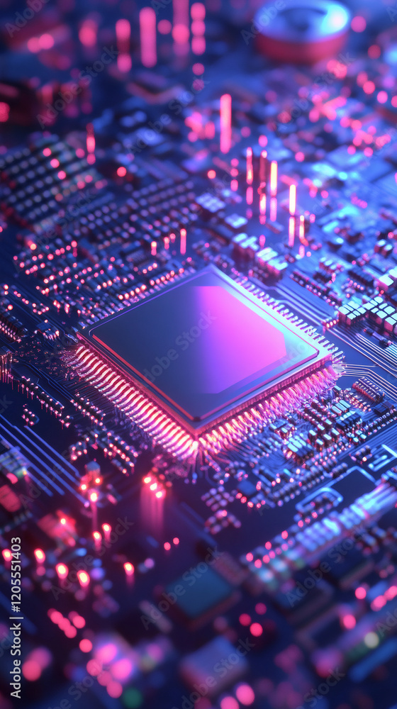 Poster Close-up of a CPU processing data on a motherboard, illuminated by vibrant neon lights, showcasing the power of modern computing