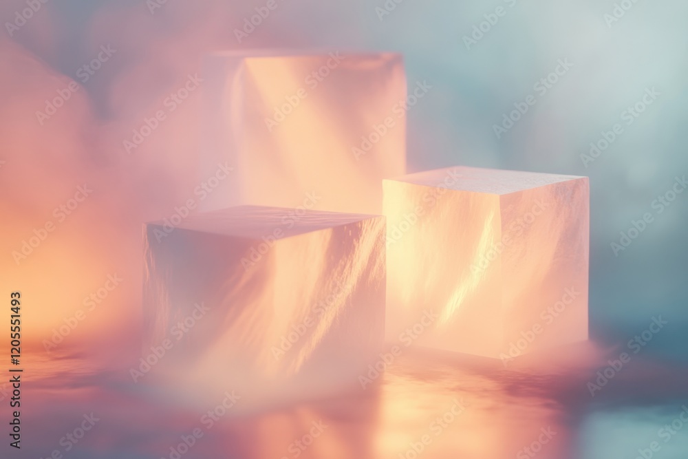 Poster colorful light refracting through three ice blocks in a misty environment at dusk