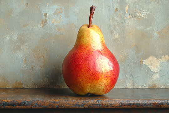 A single ripe red and yellow pear rests on wood