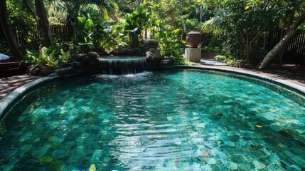 Lush tropical garden with a turquoise pool and cascading waterfall creates a serene oasis