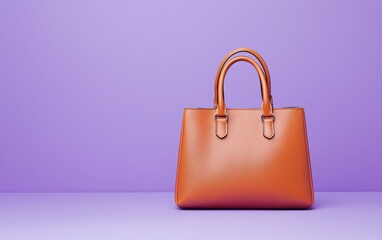 Sleek handbag in a rich caramel hue, placed on a muted pastel purple backdrop