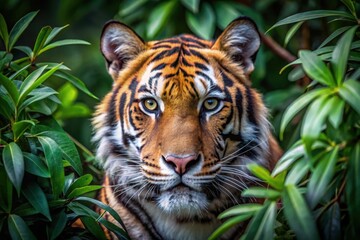 Fototapeta premium Majestic Tiger's Intense Gaze Amidst Lush Green Foliage, a Powerful Symbol of Untamed Wilderness