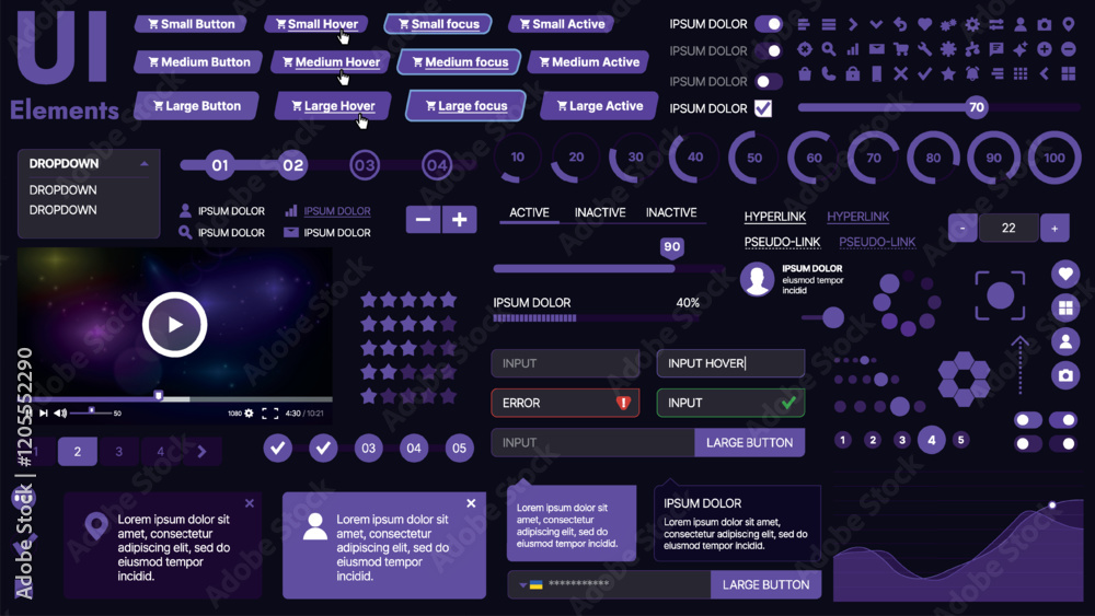 Poster a modern ui kit featuring a collection of buttons, icons, navigation menus, and responsive design el