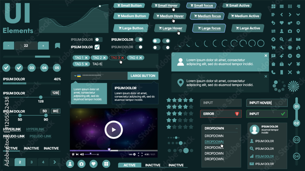 Poster a modern ui kit featuring a collection of buttons, icons, navigation menus, and responsive design el