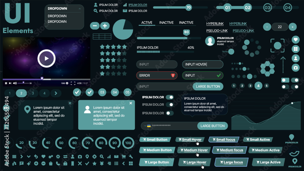 Poster a modern ui kit featuring a collection of buttons, icons, navigation menus, and responsive design el