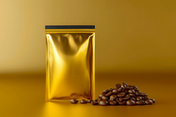 Coffee beans packaged in shiny gold foil on a golden background, showcasing a rich and vibrant presentation