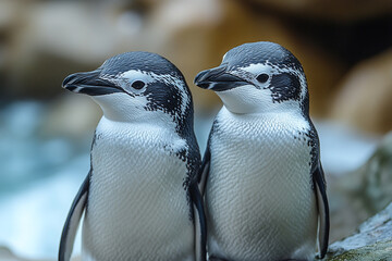 Obraz premium Two Humbolt Penguins Standing Close Together