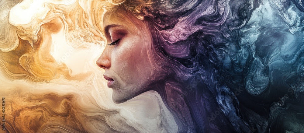 Poster abstract portrait with swirling paint patterns in rich colors, blending warm hues and cool tones cre