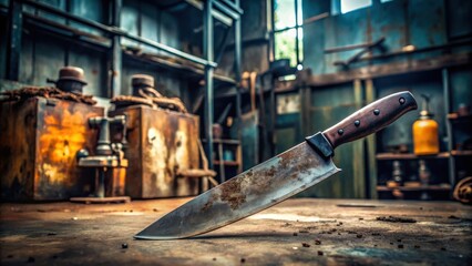 A Rusty, Aged Chef's Knife Rests on a Weathered Workshop Table Amidst Industrial Clutter
