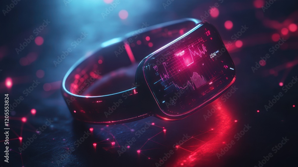 Poster futuristic smartwatch displaying data graphs.