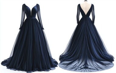 Obraz premium Stylish navy blue evening gown mockup, front and back view, 3D rendering, white background