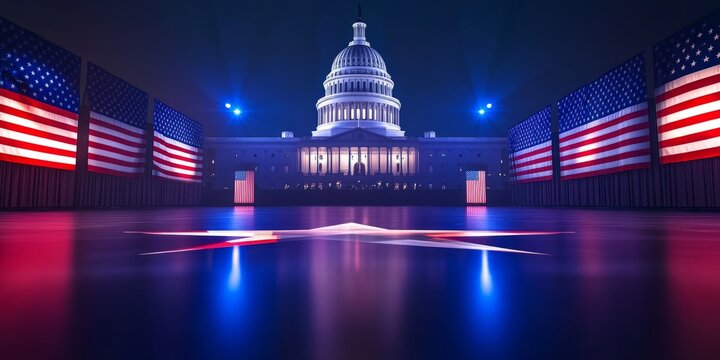 3D rendering of the US Capitol building with American flags