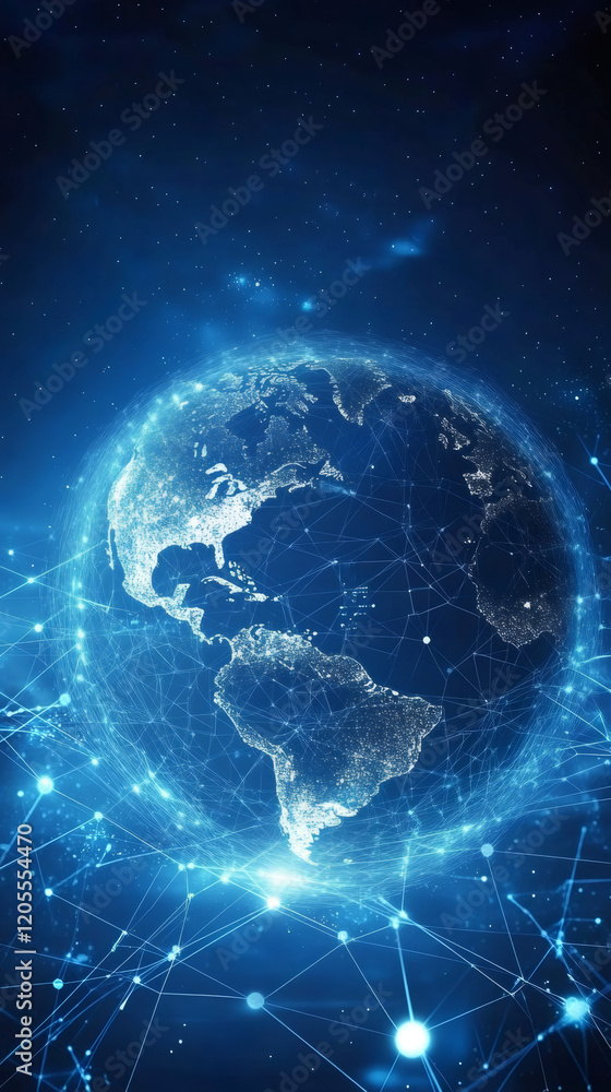 Poster global digital network linking continents, showcasing interconnected world map glowing against starr