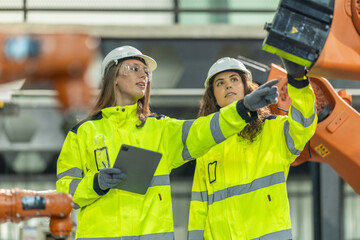 Robotic Engineers Inspecting Robotic Arms
