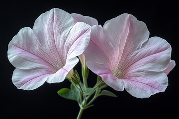 Naklejka premium Delicate pale pink petunias bloom against a dark background